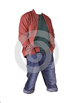 Denim blue shorts, sweater and jacket on the zipper isolated on white background