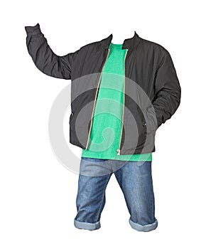 Denim blue shorts, t-shirt and jacket on a zipper isolated on white background