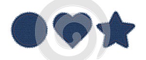 Denim circle, heart and star shapes with stitches. Torn jean patch with seam. Vector realistic illustration on white