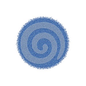 Denim circle shape. Torn jean patch. Vector realistic illustration on white background
