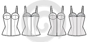 Denim corset top bustier technical fashion illustration with basque, thin straps, zip-up closure, cups, fitted body.