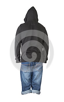 Denim dark blue shorts and hoody  isolated on white background. Men`s jeans
