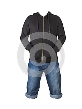 Denim dark blue shorts and hoody  isolated on white background. Men`s jeans
