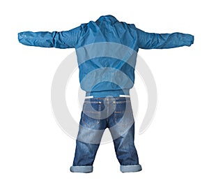Denim dark blue shorts and jacket with zipper isolated on white background. Men`s jeans
