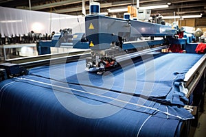 denim fabric being cut with automated machine
