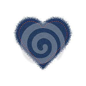 Denim heart shape with seam. Torn jean patch with stitches. Vector realistic illustration on white background