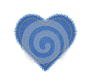 Denim heart shape with seam. Torn jean patch with stitches. Vector realistic illustration on white background