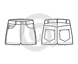 Denim hot short pants technical fashion illustration with micro length, low waist, low rise, 5 pockets. Flat bottom