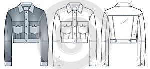 Denim Jacket technical fashion Illustration. Leather Crop Jacket fashion flat technical drawing template, button, pockets