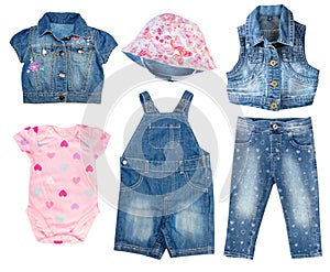 Denim jean baby toddler summer clothes set isolated.