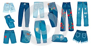 Denim jean pants. Trendy fashion female jeans. Cartoon ripped shorts and trousers with patches and texture. Casual style