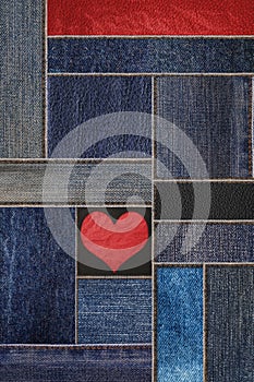 Denim jeans with leather texture, and heart shape background, patchwork denim jean with leather pattern