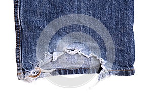 Denim Jeans Ripped Destroyed Torn Blue Patch isolated on white background with empty copy space