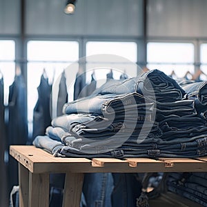 Denim jeans stack showcased on wooden table in store setting