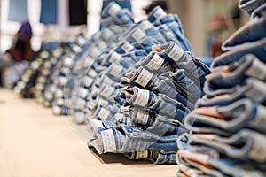 Denim jeans stack on wood table in clothing store, shopping