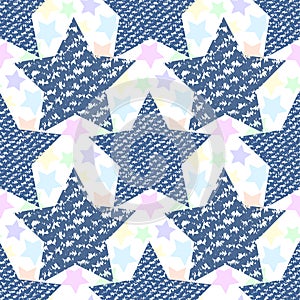 Denim jeans texture seamless pattern stars. Fashion print for fabric or wrapping