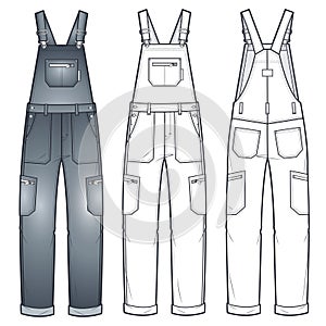 Denim Jumpsuit fashion flat technical drawing template. Dungaree technical fashion illustration, full length, pockets, oversized