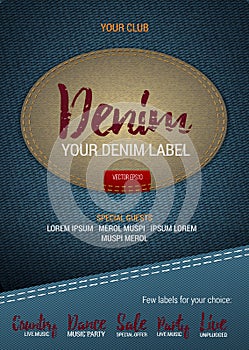 Denim Label flyer or banner with denim background