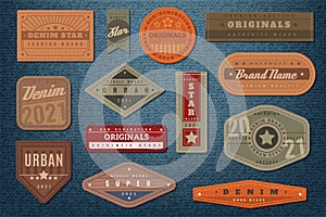 Denim labels. Graphic leather badge and textured background, authentic embroidery typography jeans clothes fashion print