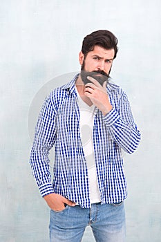Denim look. Male casual fashion style. barber care for real men. brutal hipster with mustache. Mature hipster with beard