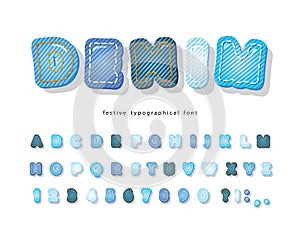 Denim modern font. Jeans texture decorative alphabet. Cartoon 3d ABC letters and numbers. Multicolored. Vector