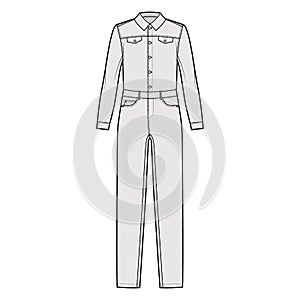 Denim overall jumpsuit Dungaree technical fashion illustration with full length, button closure, long sleeves