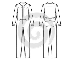 Denim overall jumpsuit Dungaree technical fashion illustration with full length, button closure, long sleeves