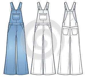 Denim Overalls fashion flat technical drawing template. Wide Leg Dungarees, Jumpsuit technical fashion illustration, pockets