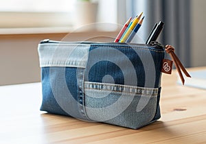 Denim pencil case with a patchwork