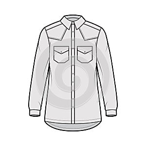Denim shirt jacket technical fashion illustration with oversized body, flap pockets, classic collar, long sleeves