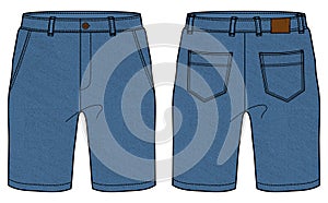 Denim Shorts design flat sketch vector illustration, Chino casual shorts concept with front and back view, printed walking bermuda