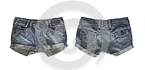 Denim shorts for female isolated on white background, with clipping path. front and back view