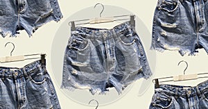 Denim shorts with pockets isolated on background. Trendy clothes collage. Composition of clothes. Flat lay, top view, copy space