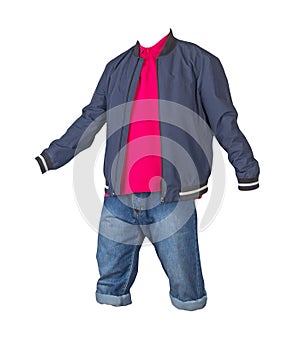 Denim shorts, t-shirt with collar on buttons and jacket on a zipper isolated on white background