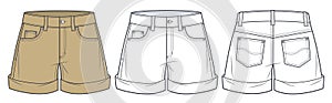 Denim Shorts technical fashion illustration. Cuffed Short Pants fashion flat technical drawing template, front, back view, white