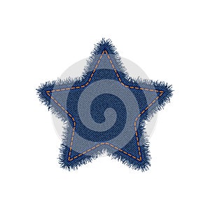 Denim star shape with seam. Torn jean patch with stitches. Vector realistic illustration on white background