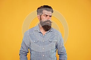 Denim style. Serious hipster yellow background. Bearded man wear hipster beard. Hipster with brutal look. Hipster in