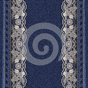 Denim texture with attached white lace ribbons. Beautiful frame for greeting card or cover.