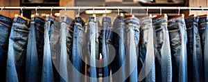 Denim trausers hanging on rack wide banner