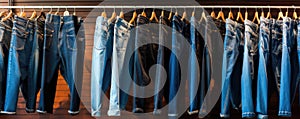 Denim trausers hanging on rack wide banner