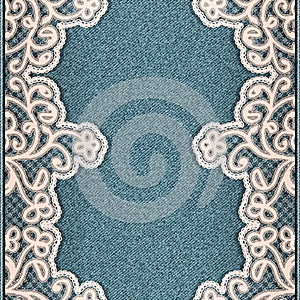 Denim vertical background with sewn floral lace fabric. Jeans seamless pattern. Blue texture cloth