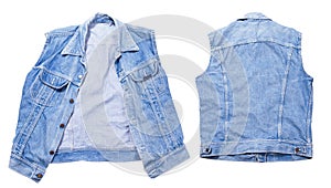 Denim vest set, set of denim vest, jeans vest front back view. Folded Vest isolated on white background copy space