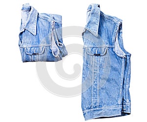 Denim vest set, set of denim vest, jeans vest front back view. Folded Vest isolated on white background copy space