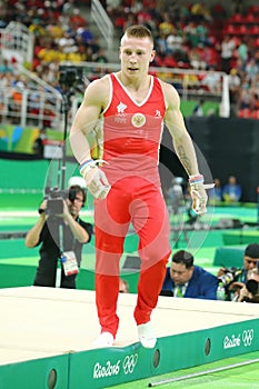 Denis Abliazin of Russian Federation competes at the Men`s Rings Final on artistic gymnastics competition at Rio 2016 Olympic Game