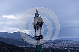 Denizli Turkey - 26 February 2024 Denizli Seyir Hill. The giant metal rooster, which was built in the urban forest and is the