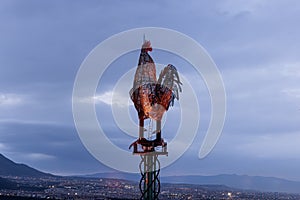 Denizli Turkey - 26 February 2024 Denizli Seyir Hill. The giant metal rooster, which was built in the urban forest and is the
