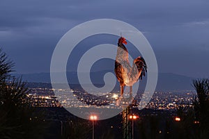 Denizli Turkey - 26 February 2024 Denizli Seyir Hill. The giant metal rooster, which was built in the urban forest and is the