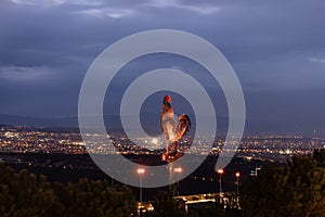 Denizli Turkey - 26 February 2024 Denizli Seyir Hill. The giant metal rooster, which was built in the urban forest and is the