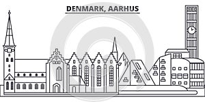 Denmark, Aarhus line skyline vector illustration. Denmark, Aarhus linear cityscape with famous landmarks, city sights