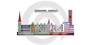 Denmark, Aarhus tourism landmarks, vector city travel illustration